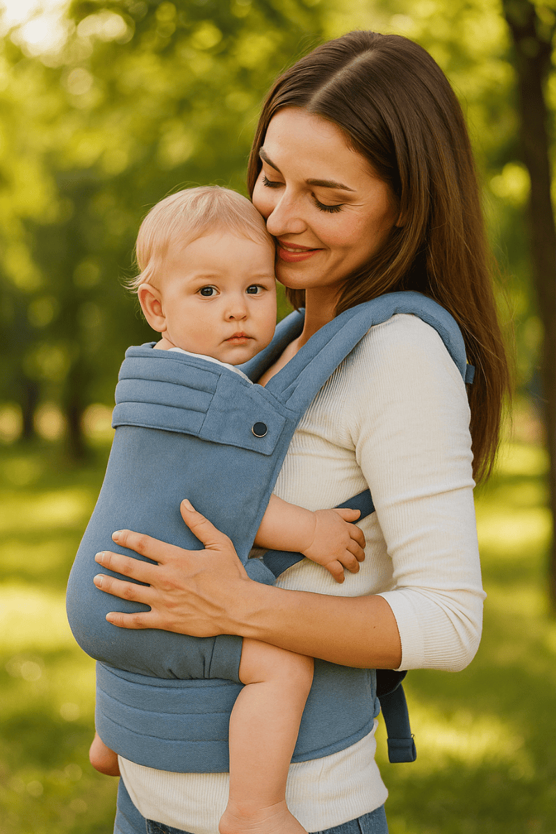 Woman is wearing an ergonomic and comfortable baby carrier in the color blue. Discover fashionable baby carriers in Canada with free shipping