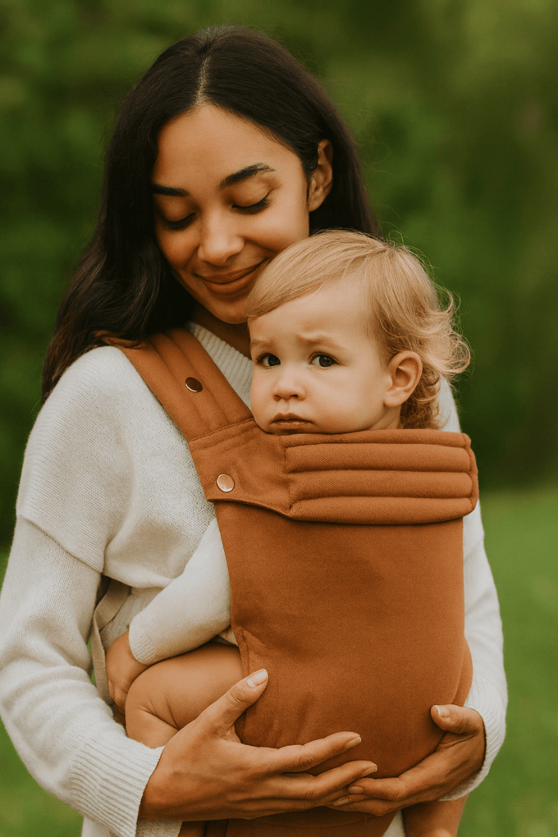 Canadian Woman holding a cute baby in a fashionable brown baby carrier that looks comfortable and ergonomic