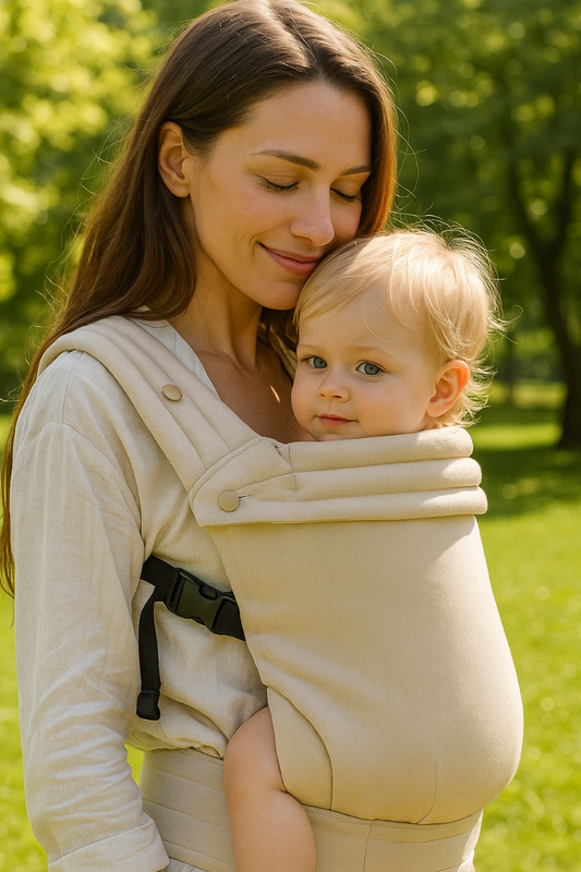 Woman is wearing an ergonomic and comfortable baby carrier in the color beige/white. Discover fashionable baby carriers in Canada with free shipping